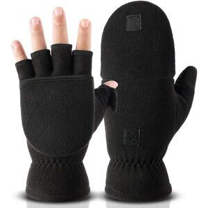 Gloves Fingerless Convertible Mitten Thermal Polar Fleece Insulated Lining Black